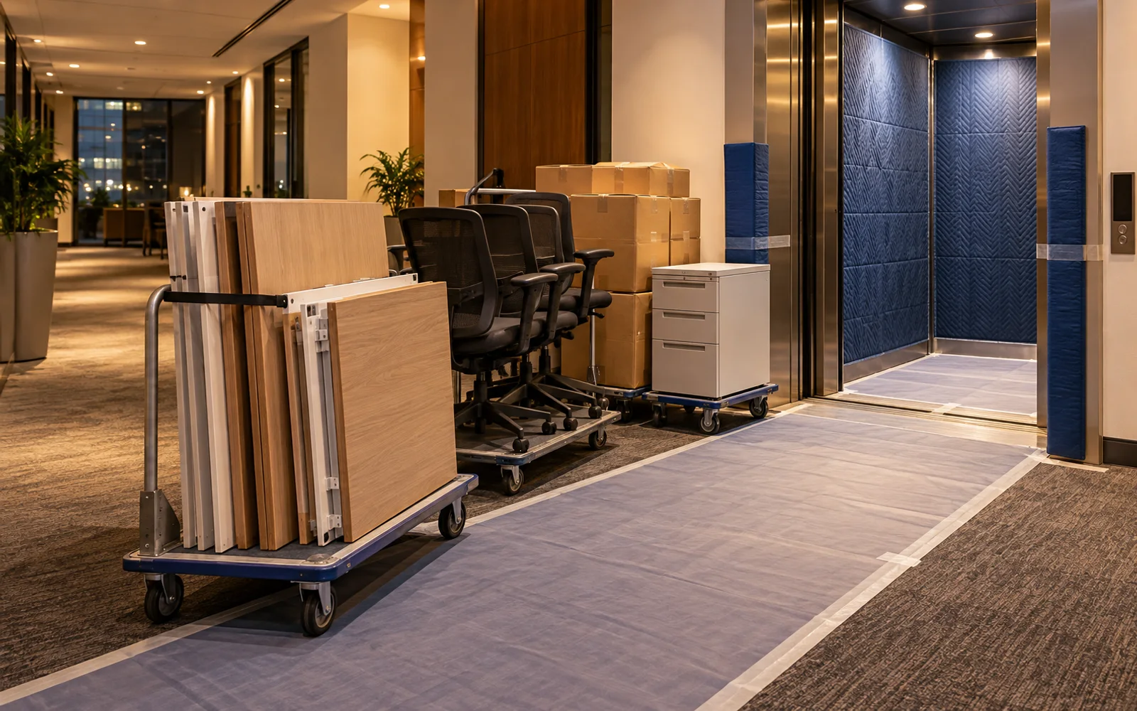 Dismantled desks, office chairs, cartons, and a filing cabinet staged beside a padded Dubai service elevator
