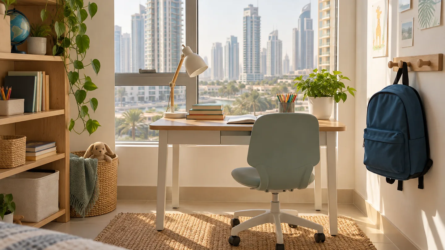 Organized study desk with a chair, books and backpack beside an apartment window
