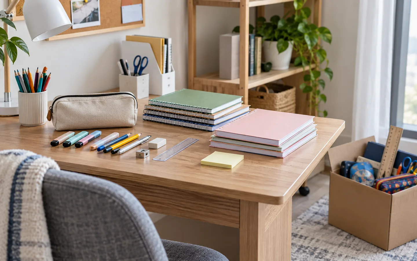 Notebooks, a pencil case and stationery sorted on a desk with a box of surplus school supplies beside it