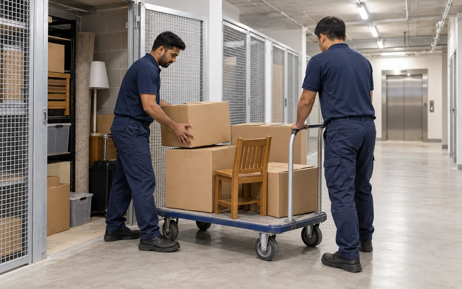 Removal workers loading boxes and a small chair from a basement storage room onto a flat trolley