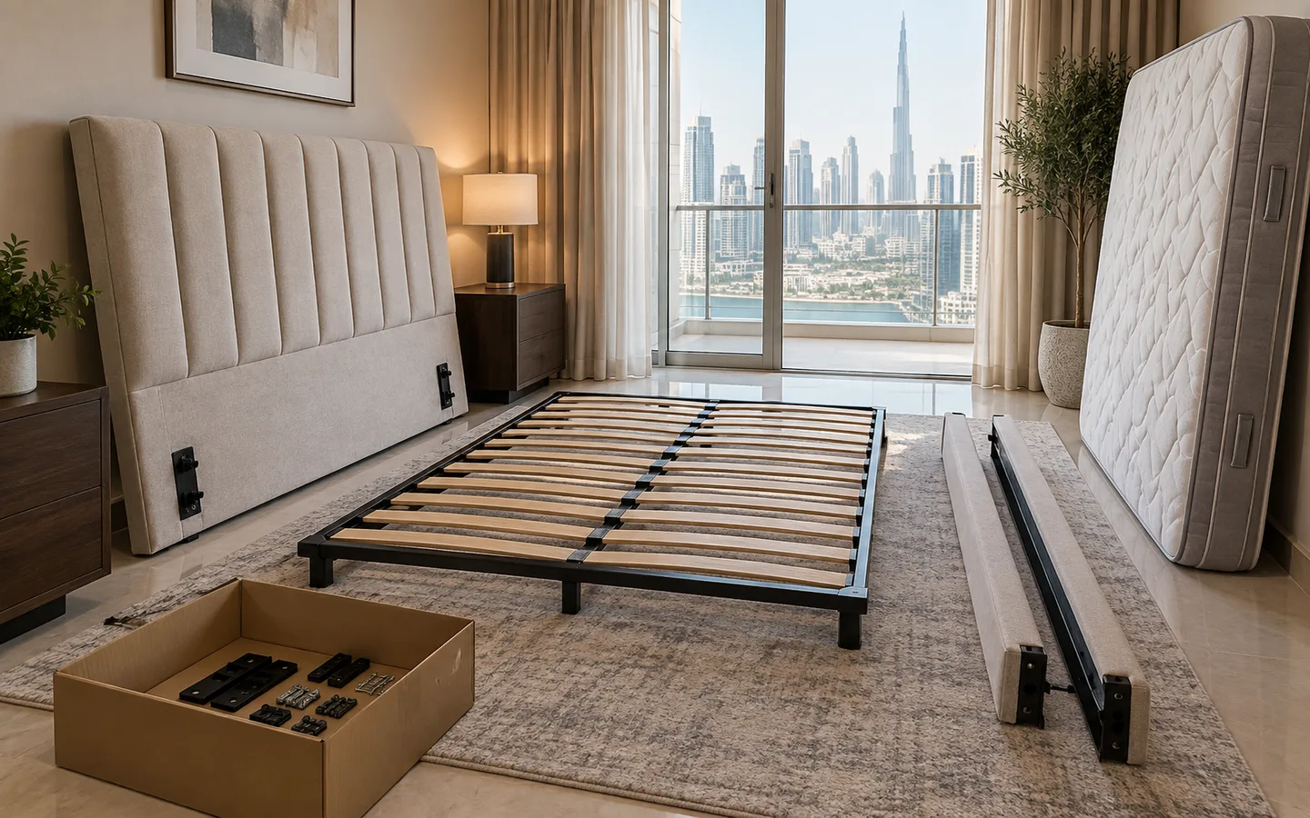 Dubai bedroom with bed slats, headboard, hardware box and mattress separated for removal