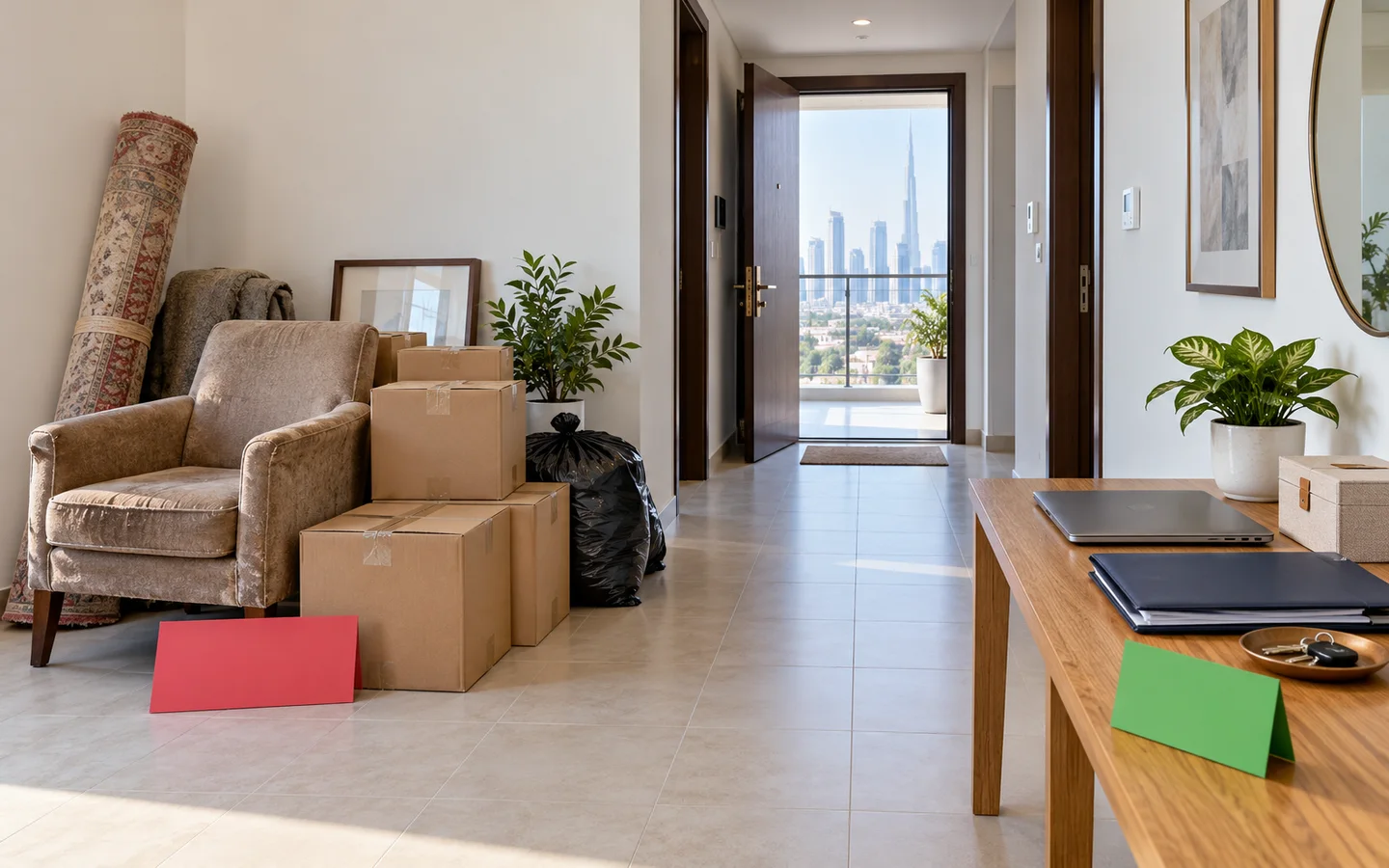 Labelled remove and keep zones with boxes, a chair, keys, documents, and a clear route to a Dubai apartment service door