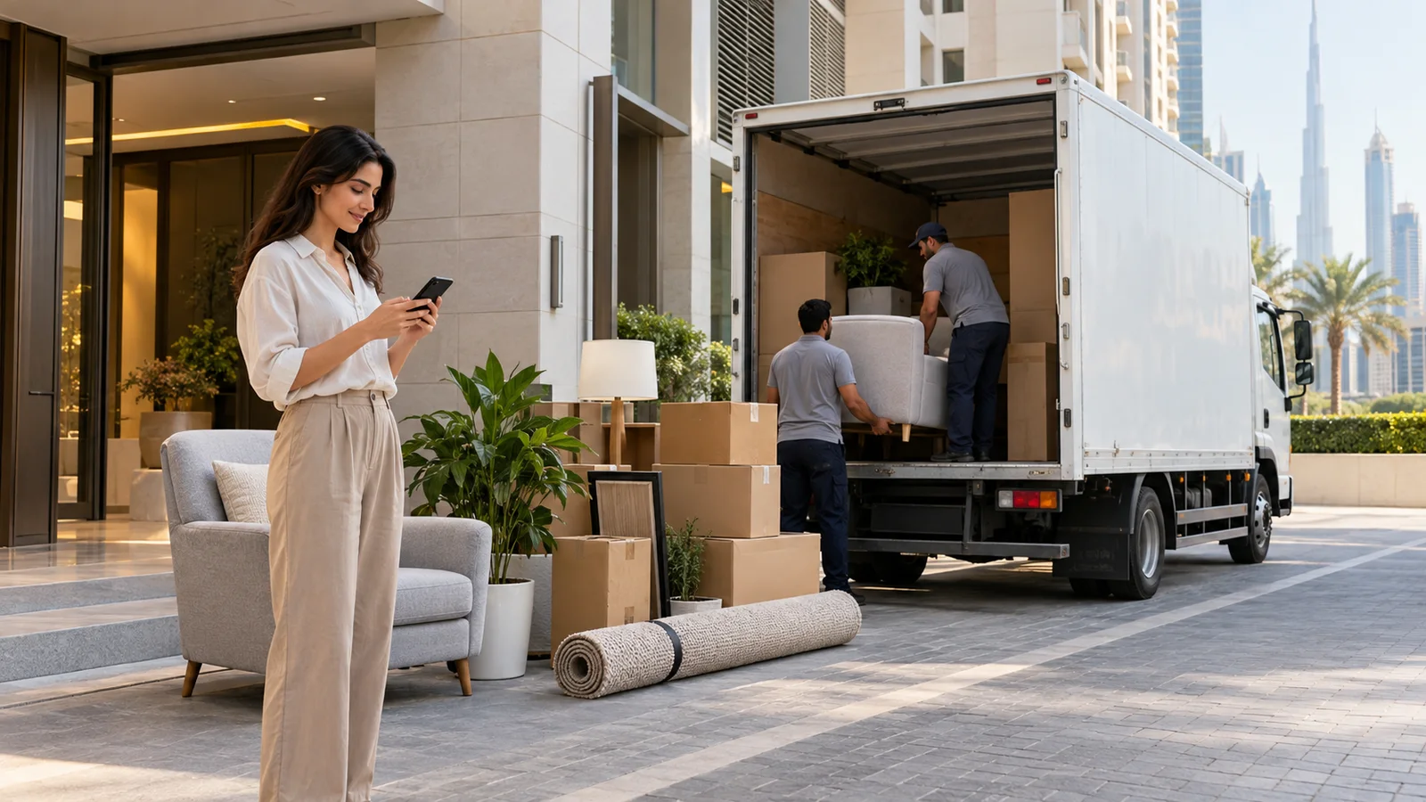 Dubai resident using a phone beside furniture and boxes as an unbranded removal crew loads a truck