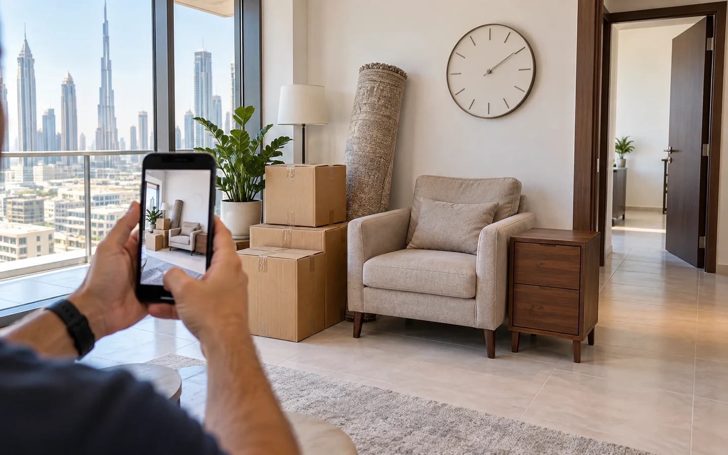 A phone photographing an armchair, cabinet, boxes, and rolled rug grouped near a clear Dubai apartment doorway