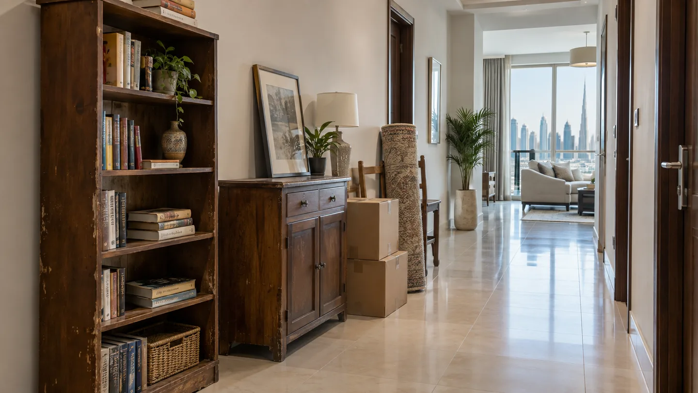 Old bookshelf, cabinet and boxes staged for disposal in a Dubai apartment
