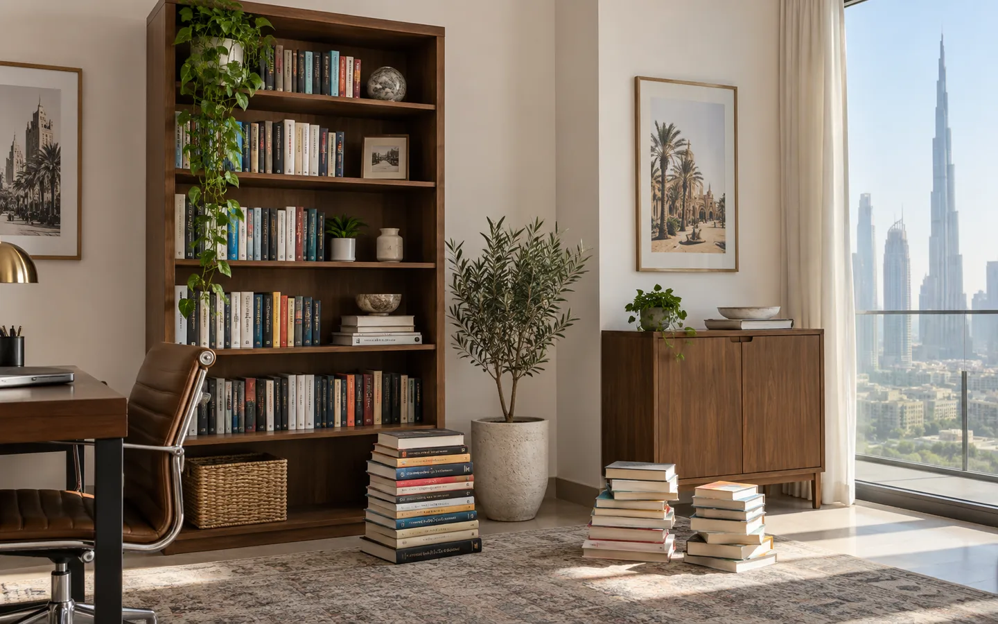 Dubai home office with an old bookshelf, small cabinet and books sorted into keep and removal zones