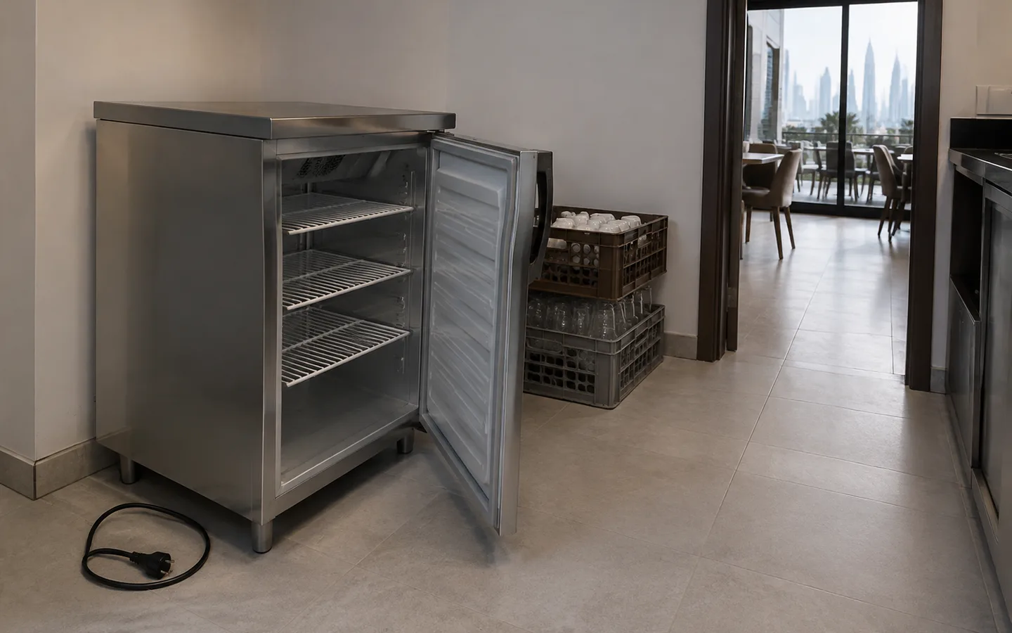 Open empty undercounter refrigerator beside crates of cafe crockery on a clear back-room floor