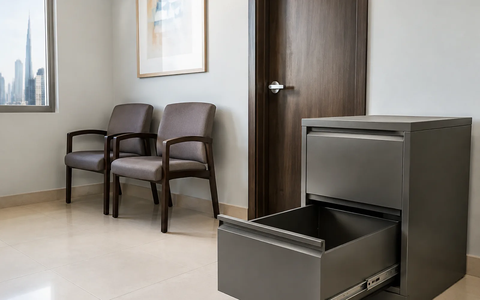 Empty freestanding filing cabinet and waiting-room chairs staged in a quiet clinic administrative room