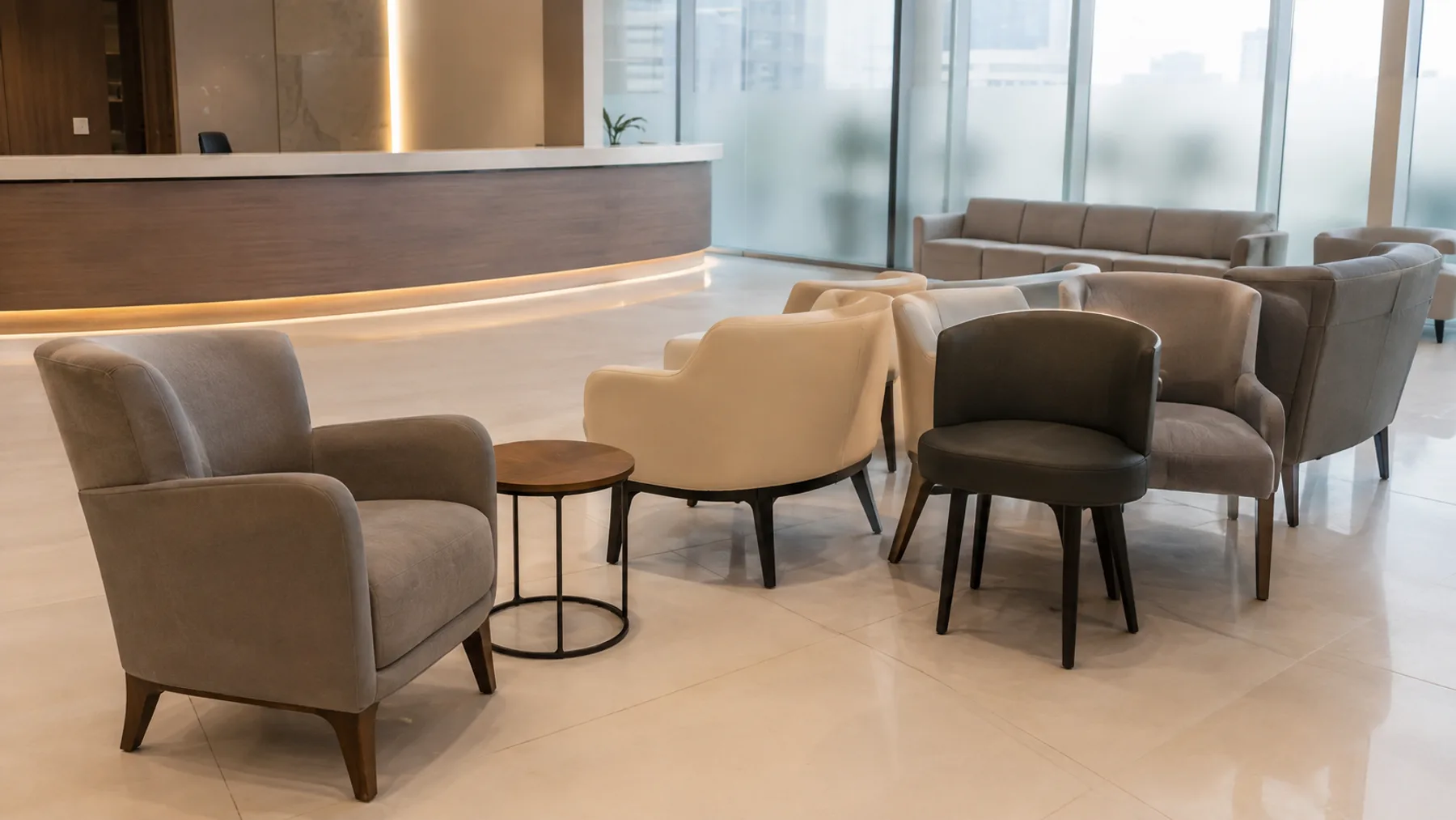 Ordinary waiting-room chairs and a small table grouped inside an empty clinic reception