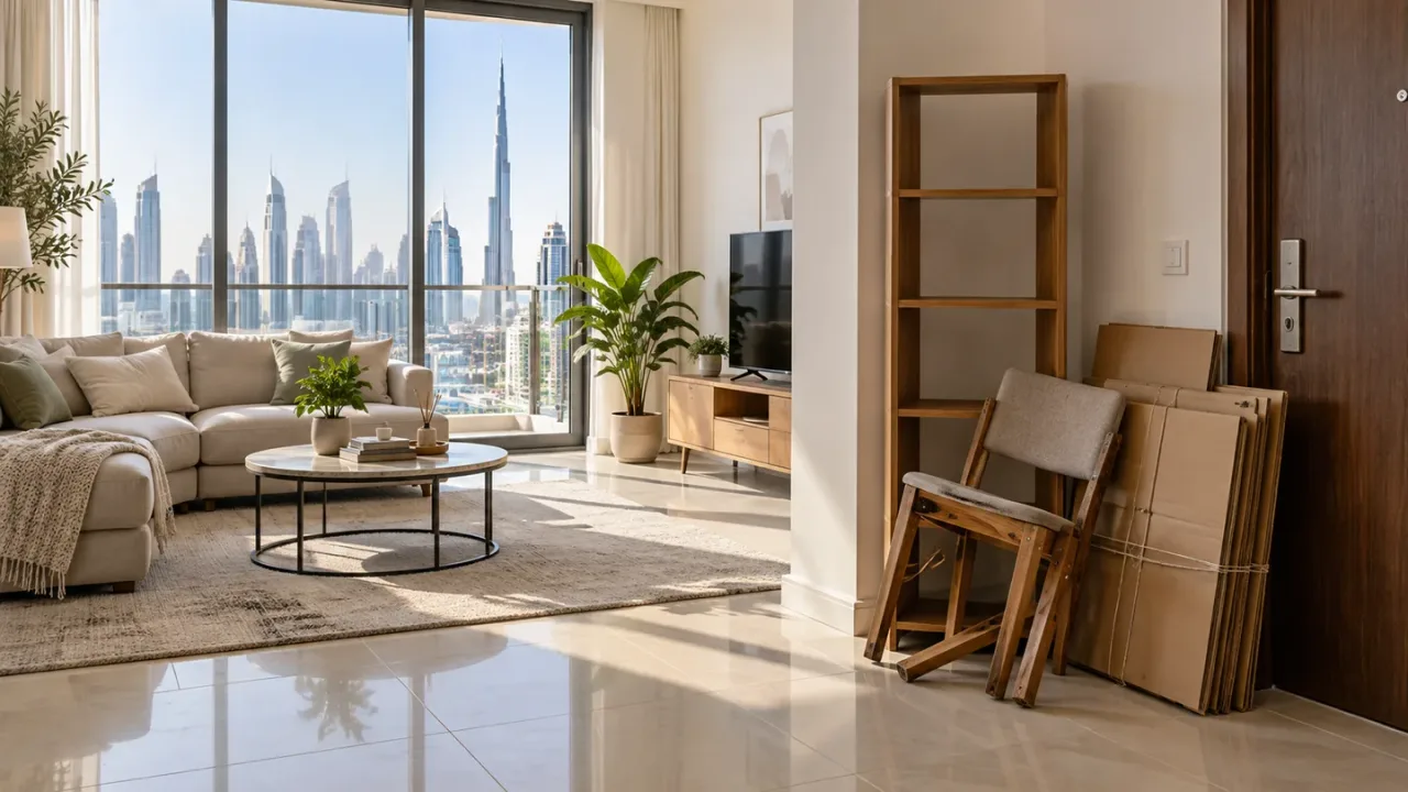 Bright Dubai living room with clear floor space and furniture grouped near the doorway