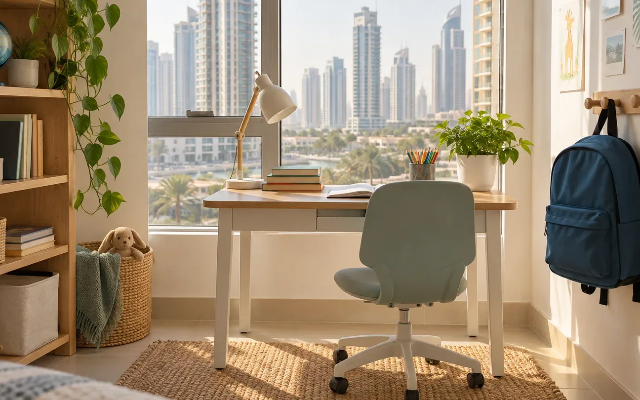 Organized desk and clear floor in a sunlit Dubai apartment room