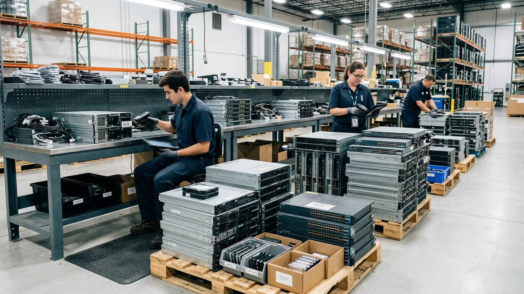 Technicians in logistics facility inventorying decommissioned enterprise servers and network switches in Dubai