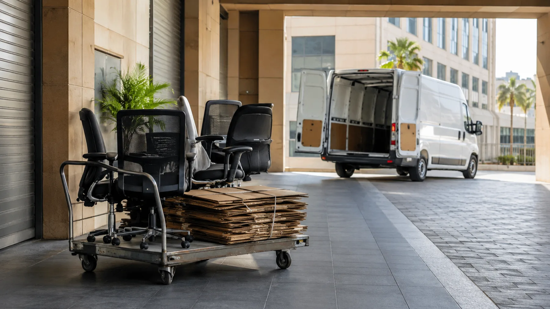 Unwanted office chairs and bundled cardboard staged beside an unbranded van at a commercial loading bay