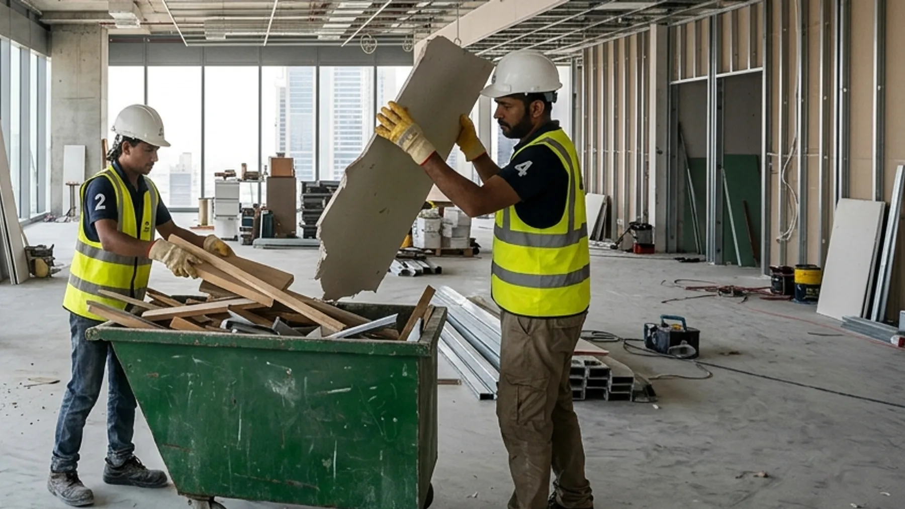 Interior fit-out construction cleanup crew clearing non-structural drywall cutoffs into wheeled dumpsters in Dubai