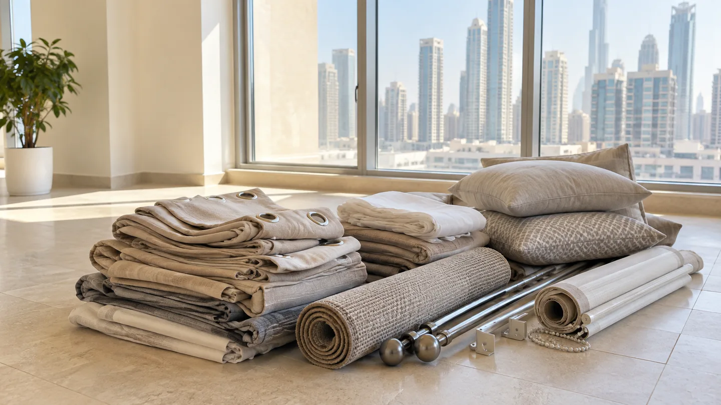 Folded curtains, cushions, rolled blinds, a rug and curtain rods grouped in a bright Dubai apartment