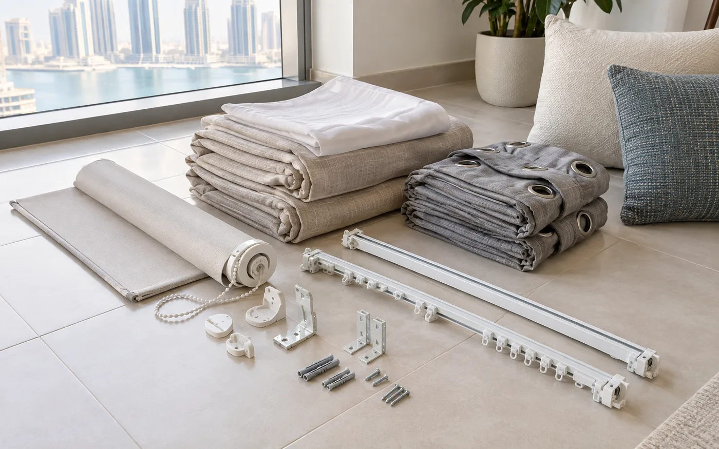 Folded curtains, a roller blind, curtain tracks, brackets and screws separated on a Dubai apartment floor