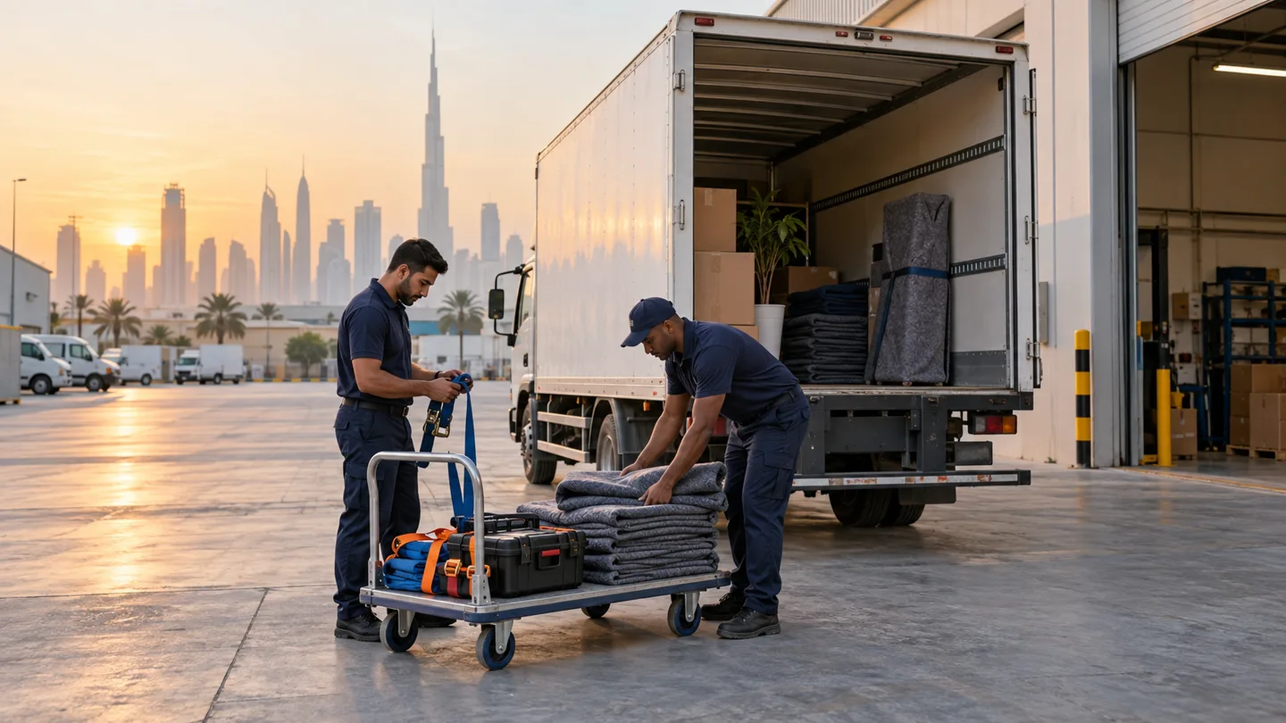 Two removal crew members preparing blankets, straps and a trolley beside an unbranded truck at sunrise in Dubai