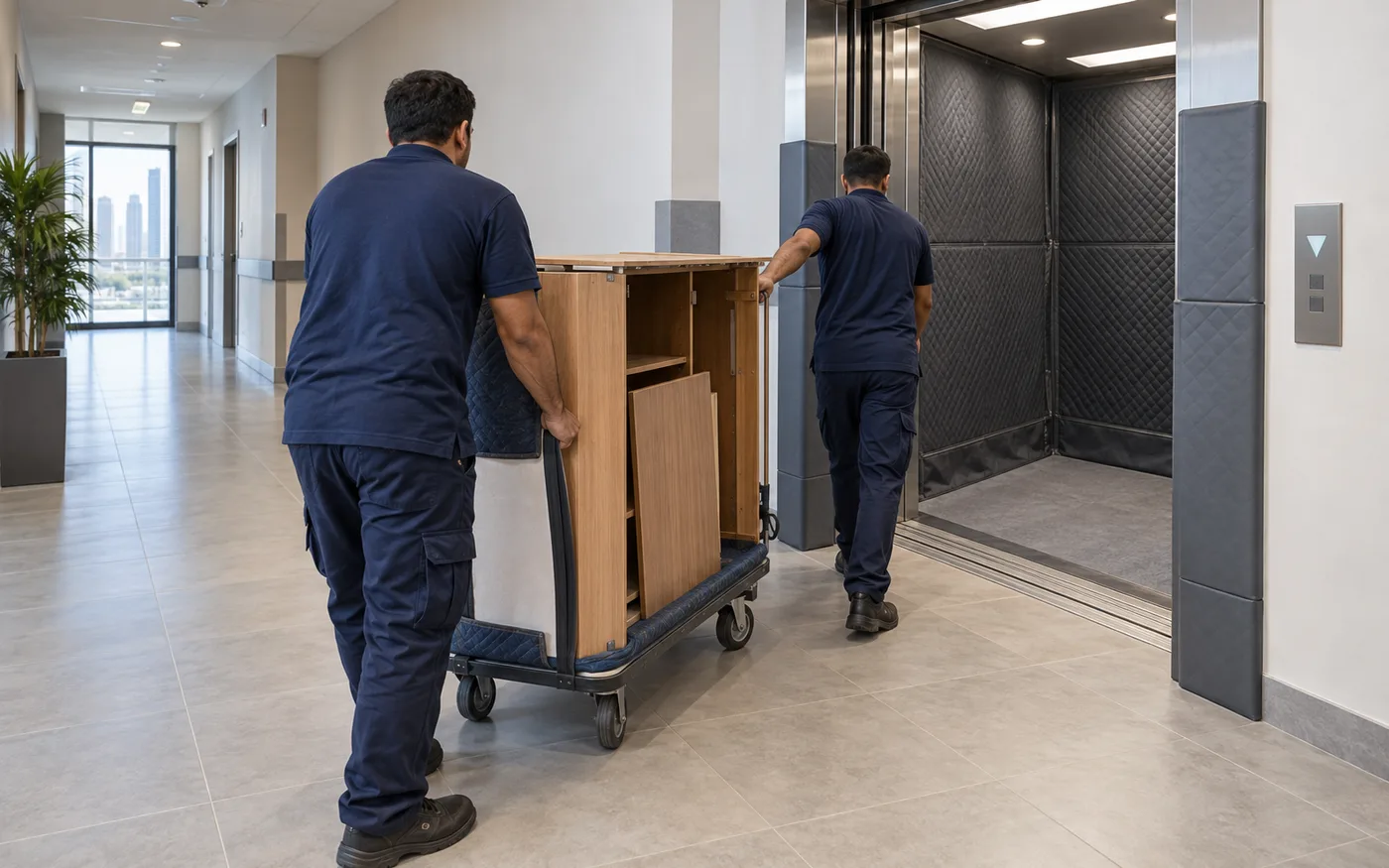 Two crew members moving a dismantled wooden cabinet on a padded trolley toward a protected service lift