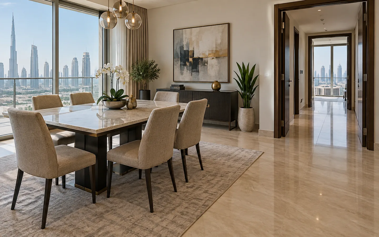 Dubai dining room with an old table, chairs, and a clear doorway route prepared for removal