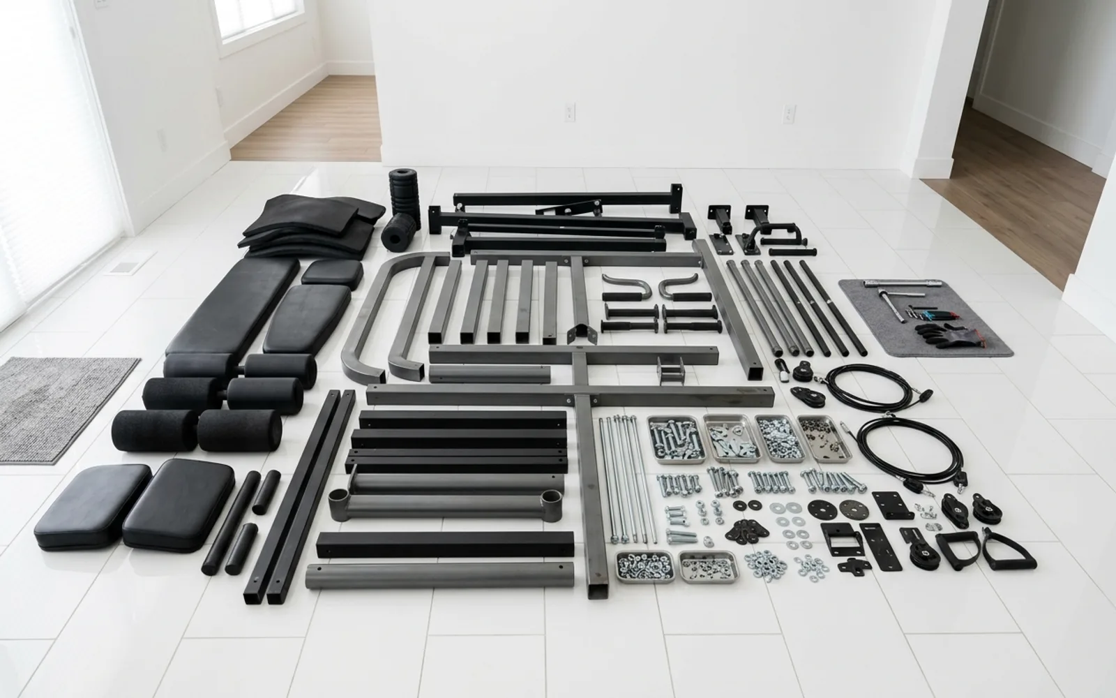 Disassembled gym machinery frame components and weight plates