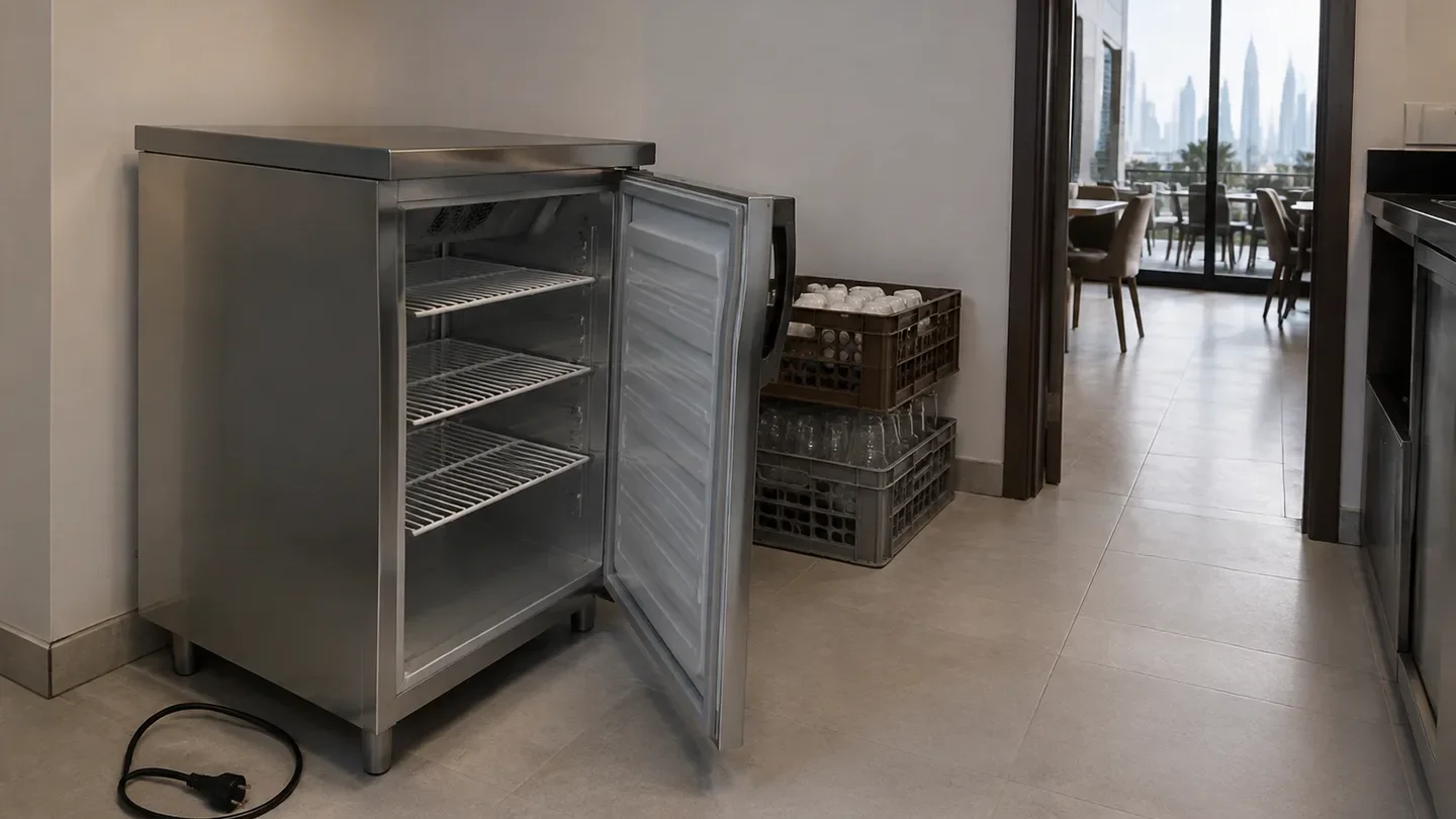 Stainless under-counter appliance standing clear of its housing with its power lead disconnected on a Dubai kitchen floor