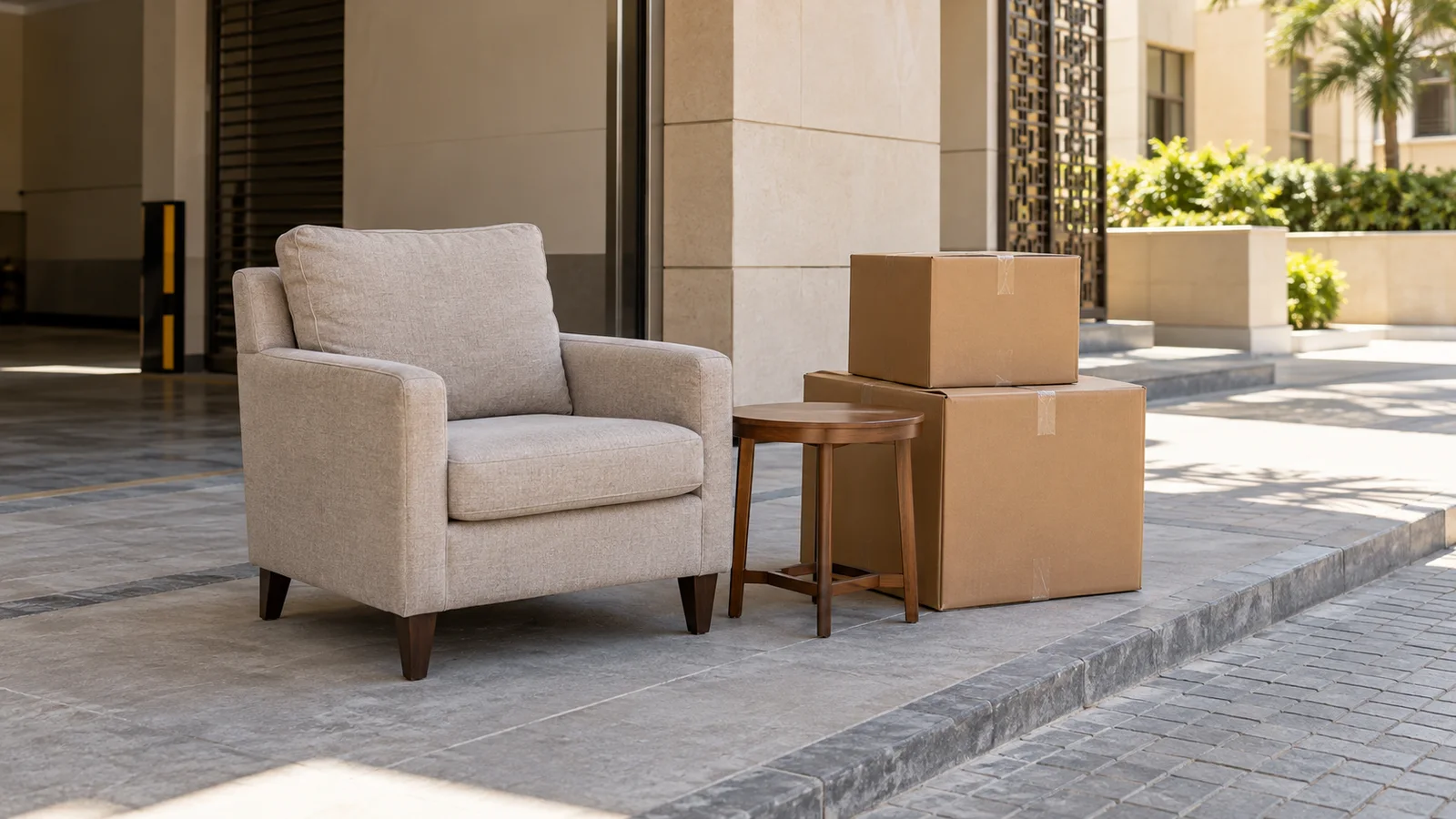 Armchair, side table, and sealed boxes staged outside a modern Dubai apartment building