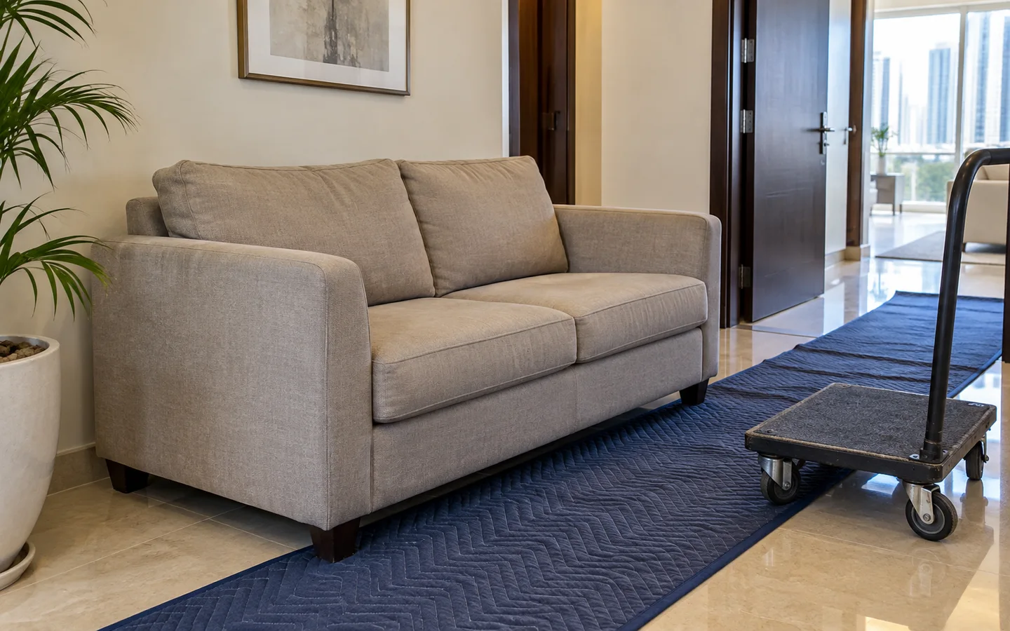 Two-seat sofa beside a protective floor runner and furniture dolly inside a Dubai apartment