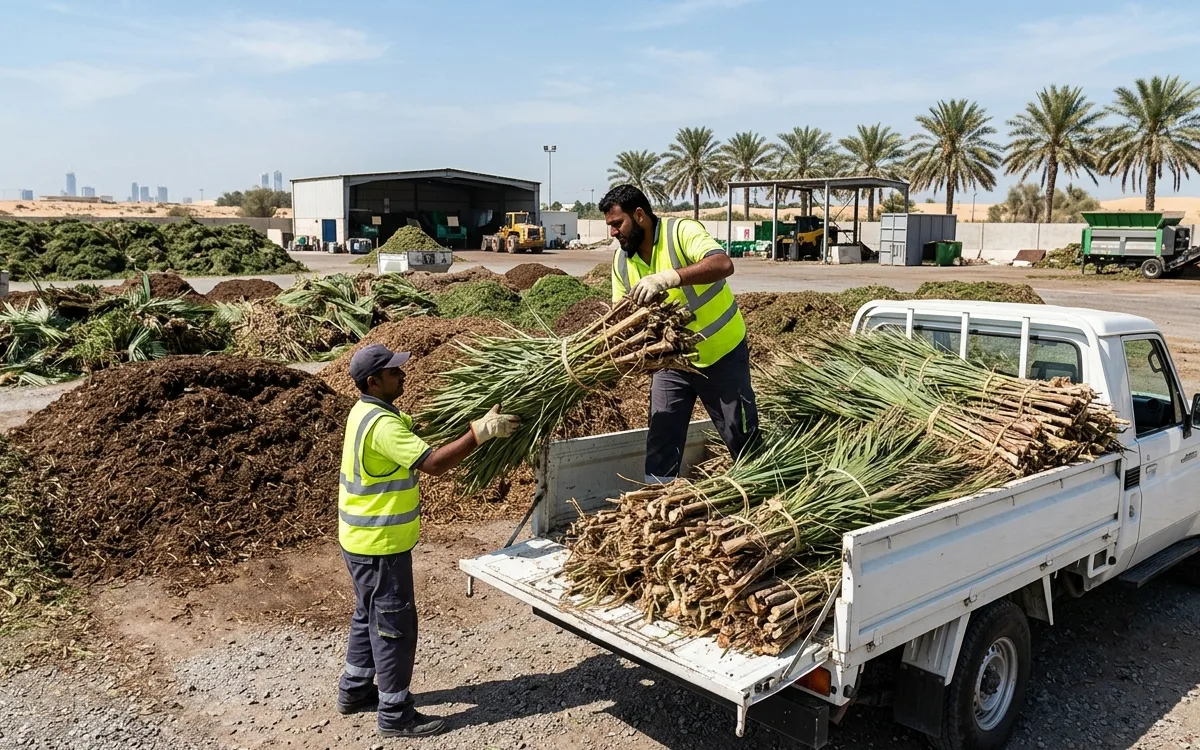 Two workers in high-visibility vests unloading bundled palm fronds and garden cuttings for composting at a Dubai facility