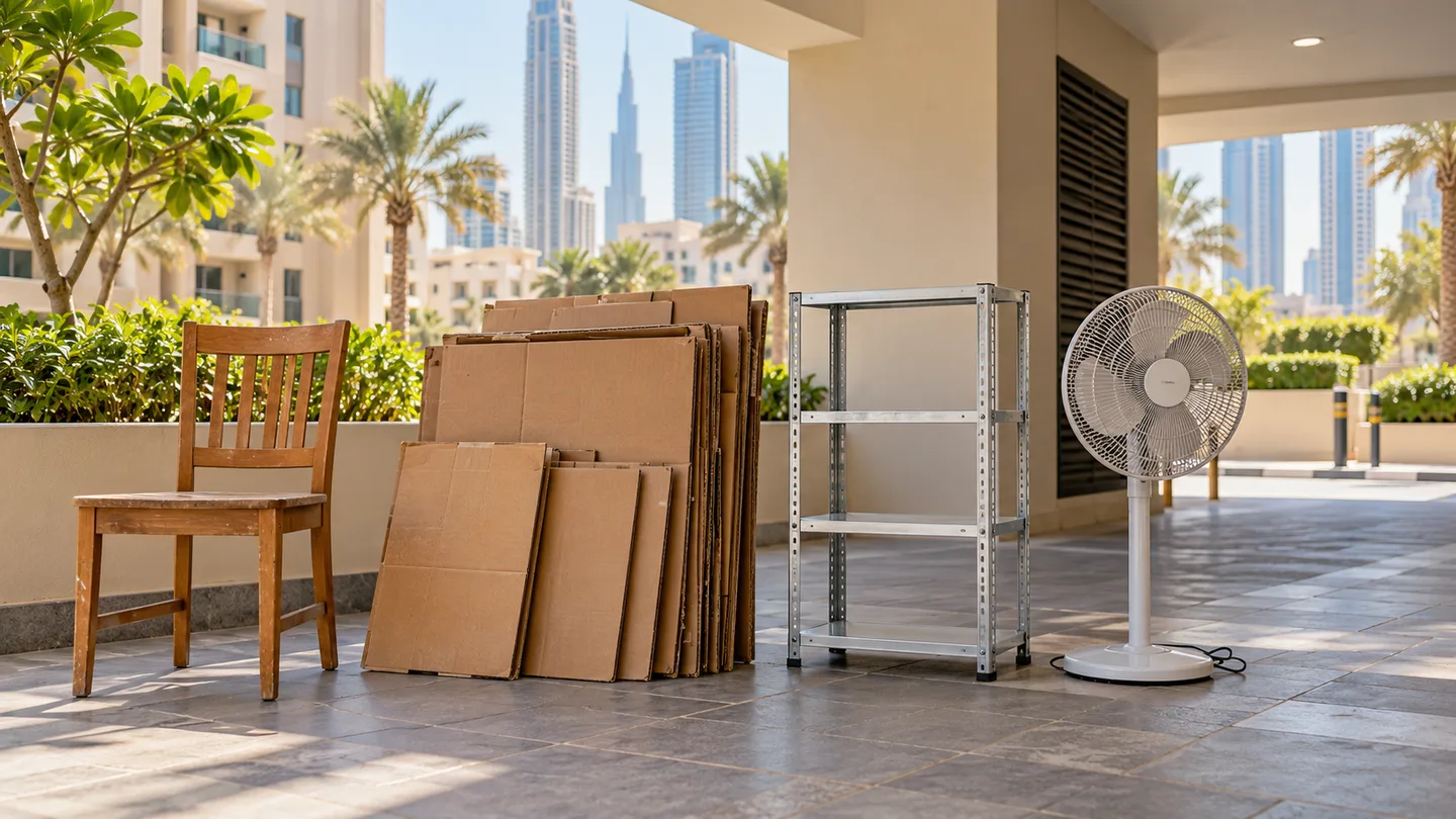 Used chair cardboard metal shelf and fan separated in a covered Dubai loading area