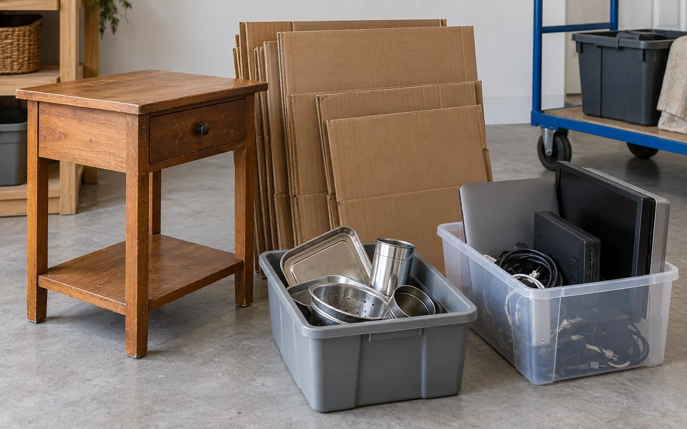 Wooden side table clean cardboard metal pieces and unbranded electronics grouped before collection
