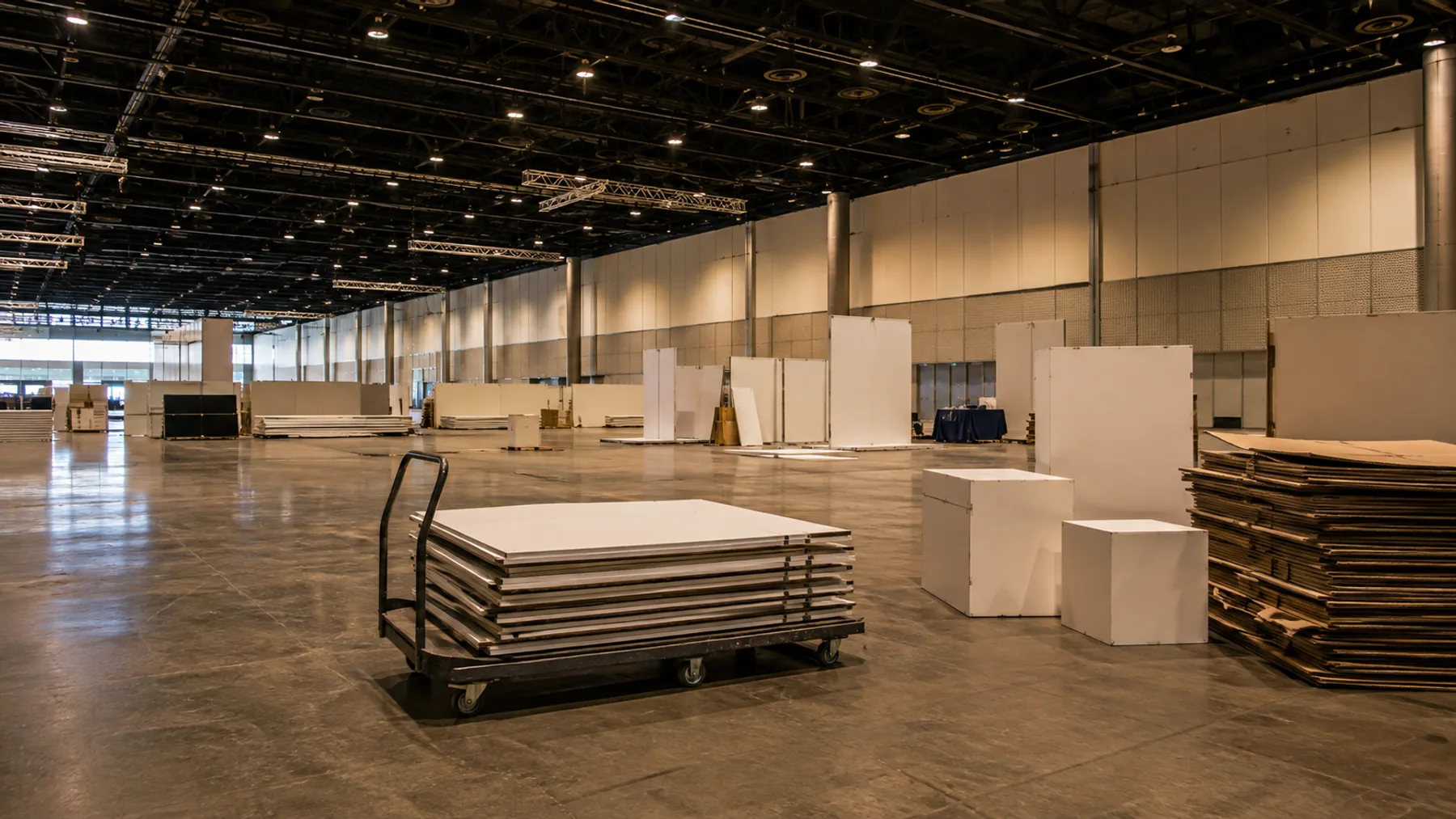Detached display panels on a trolley and flattened packaging in an exhibition hall with a clear aisle