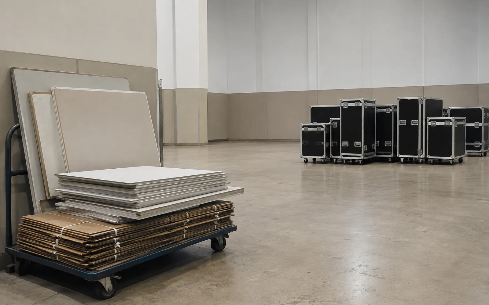 Discarded plain display panels and packaging separated by a clear aisle from closed reusable flight cases