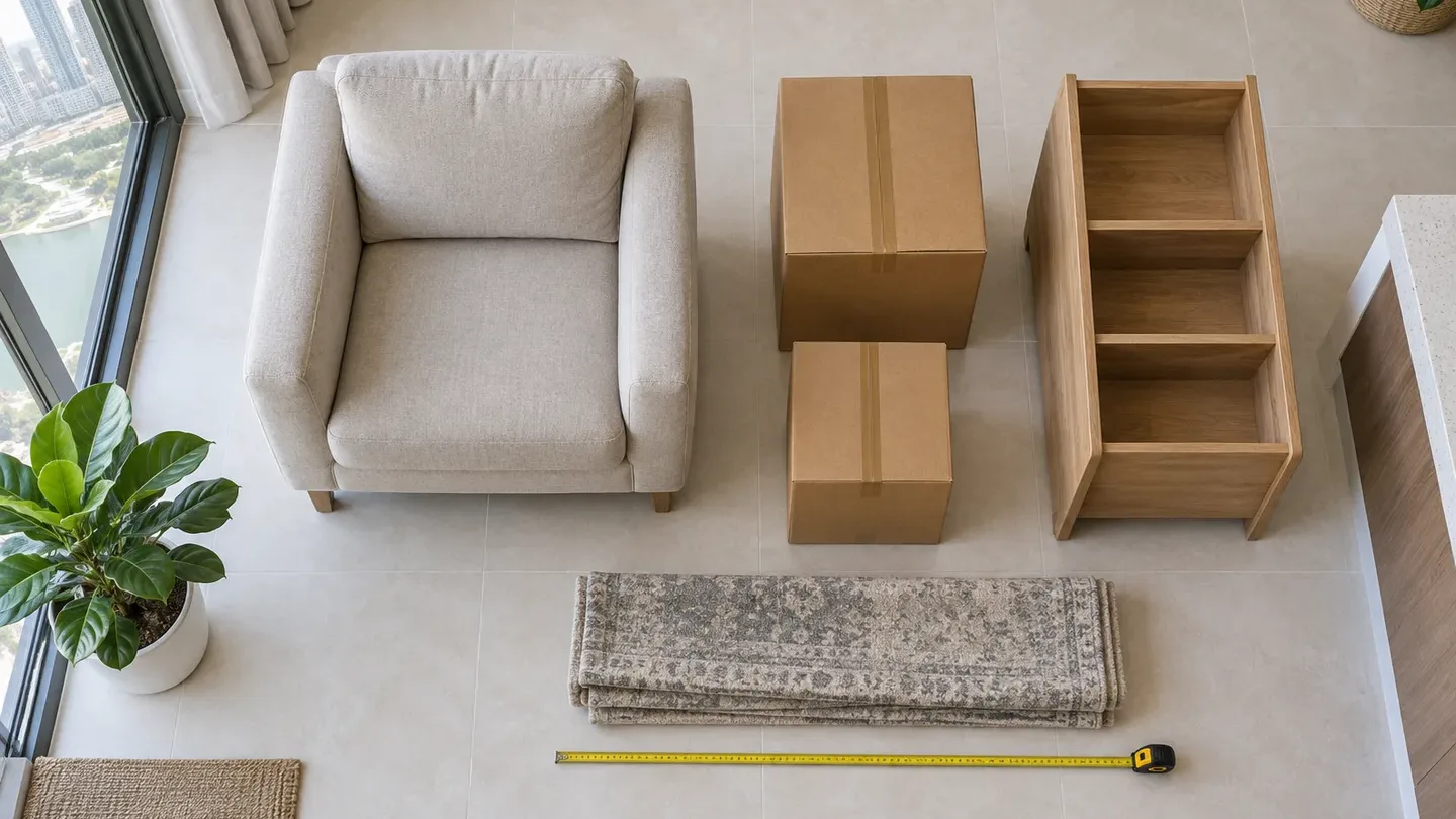 Top-down view of an armchair, two taped cartons, an open wooden shelf unit and a folded rug beside a tape measure on a tiled floor