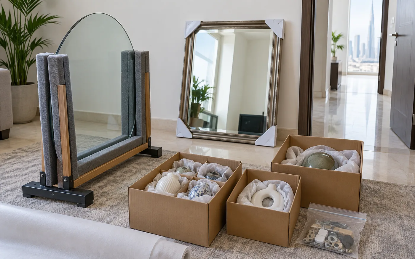 A glass tabletop in a padded upright rack, protected mirrors, wrapped ceramics and contained fittings in a Dubai apartment