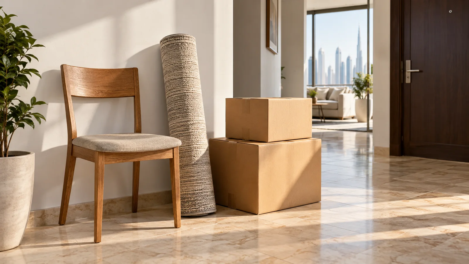 Wooden chair, rolled rug, and sealed boxes arranged in a bright Dubai apartment entryway