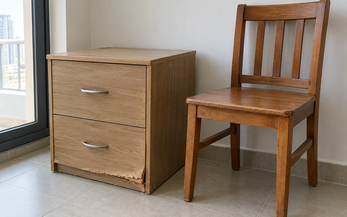 Worn particleboard cabinet beside a usable wooden chair during a furniture condition check