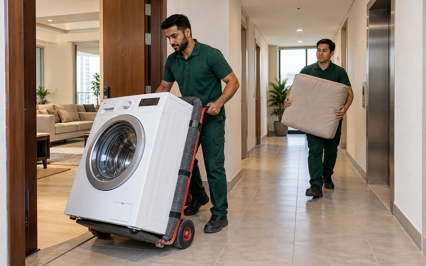 Crew member moving a washing machine on a padded trolley while a second worker carries a sofa cushion through a Dubai apartment corridor