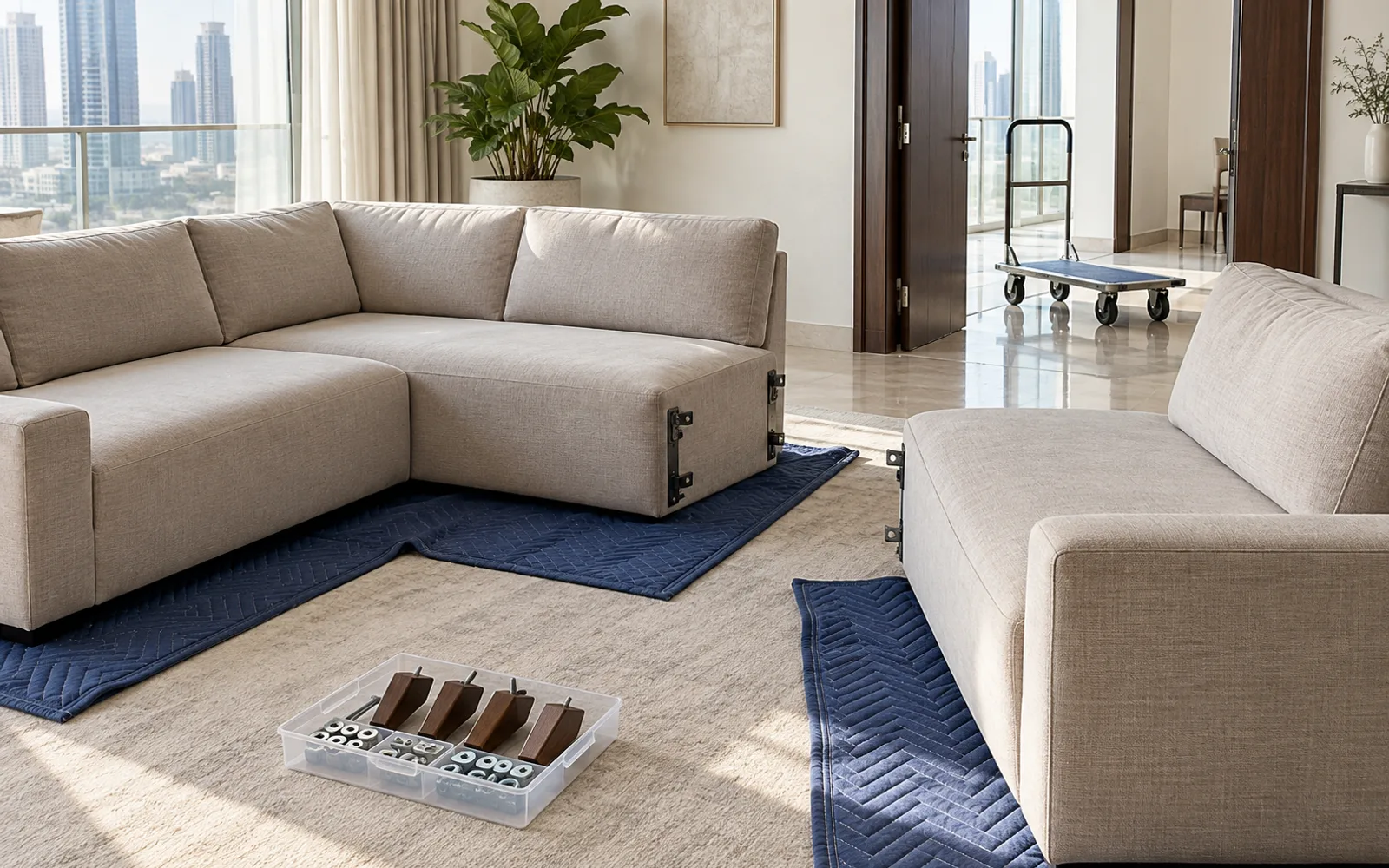Modular sofa separated into transport sections with its feet and hardware organised in a tray