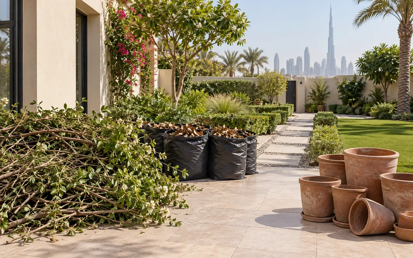 Dubai villa terrace with cut branches, bagged leaves and empty pots in separate groups