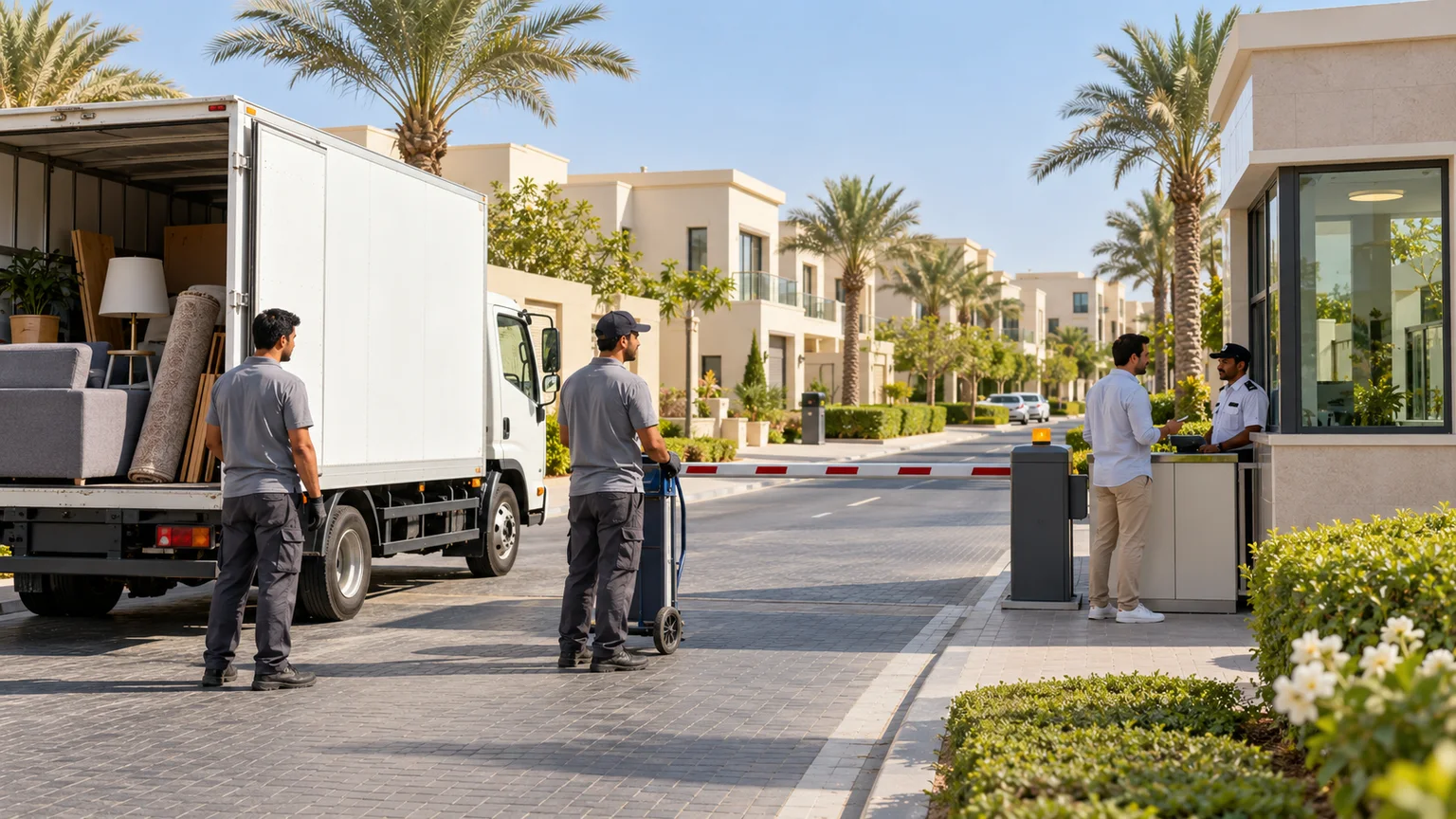Unbranded junk removal crew checking in at the security gate of a Dubai villa community