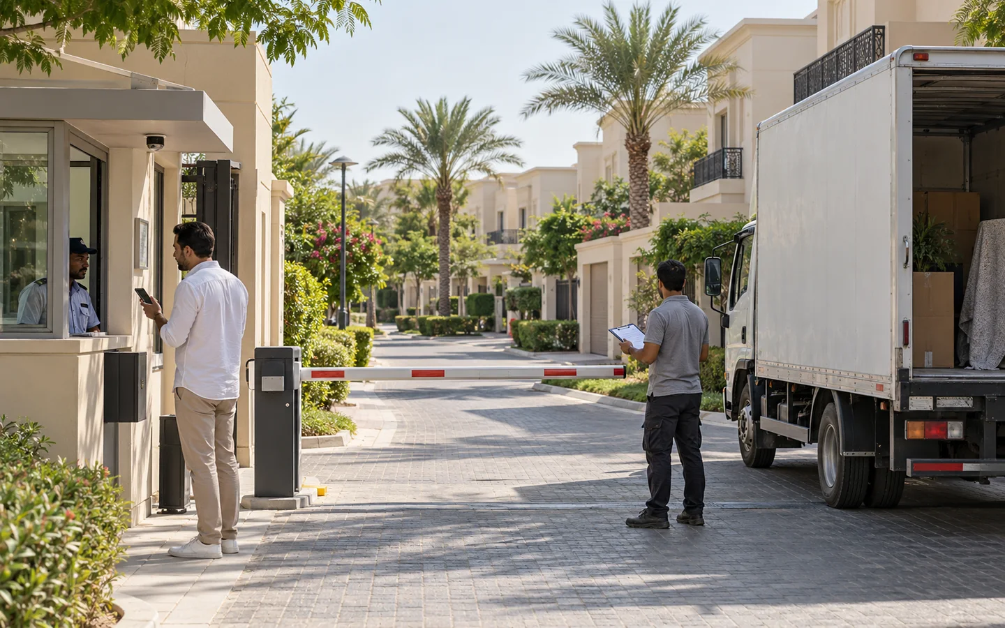 Plain removal truck waiting at a Dubai community gate while a resident speaks with security and the crew checks the approved villa route