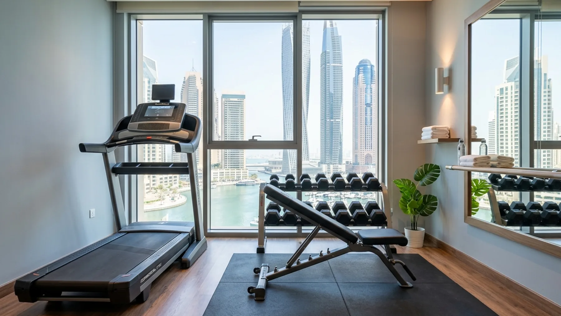 Commercial fitness studio in Dubai with heavy weight machines and treadmills overlooking city high-rises