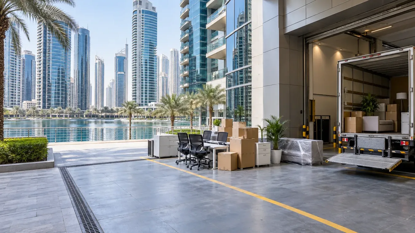 Removal truck with its tail lift lowered at a Dubai tower loading bay beside office chairs, cartons and a wrapped item