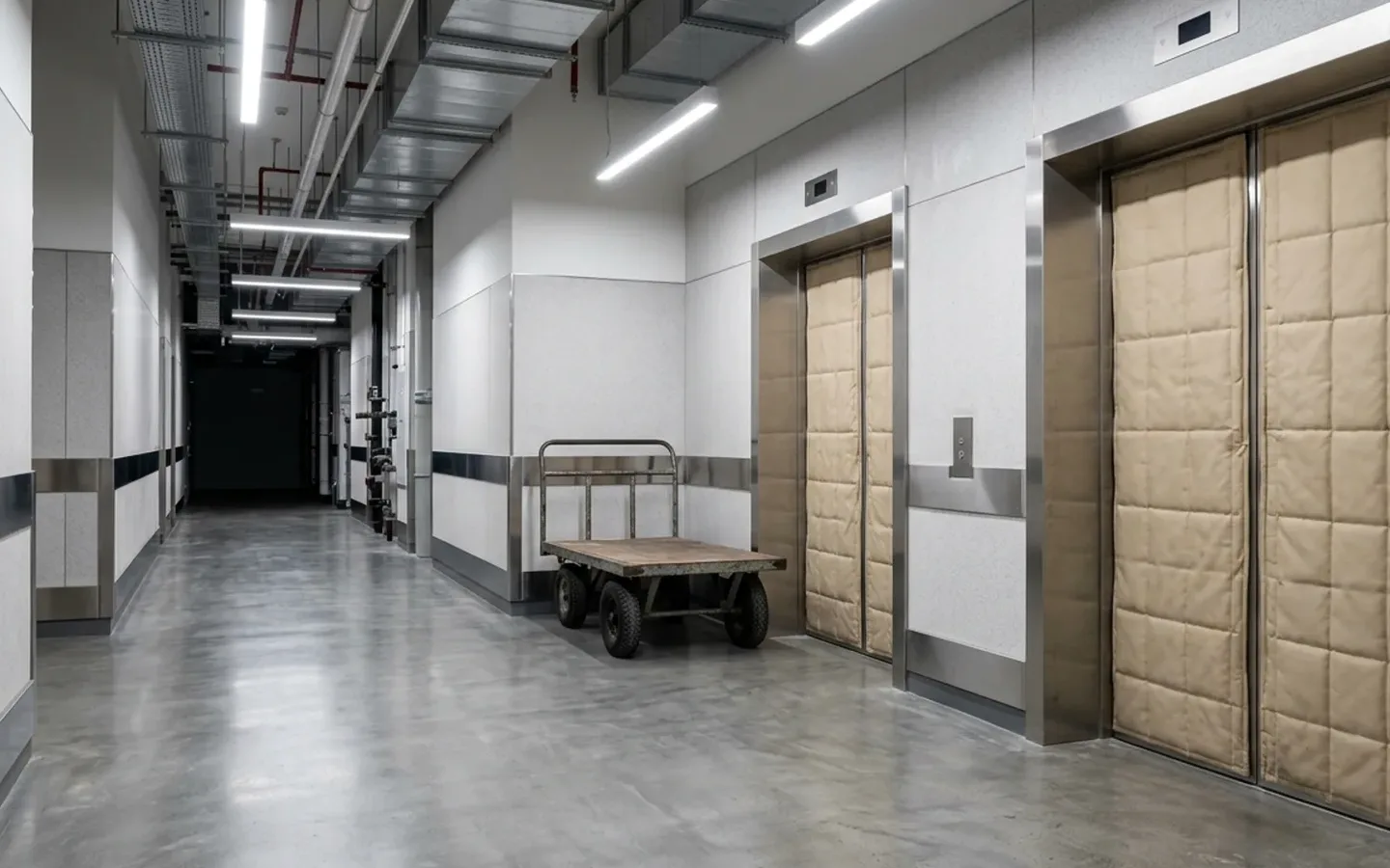 Service corridor in a Dubai tower with padded protective covers on the freight lift doors and a flatbed trolley waiting