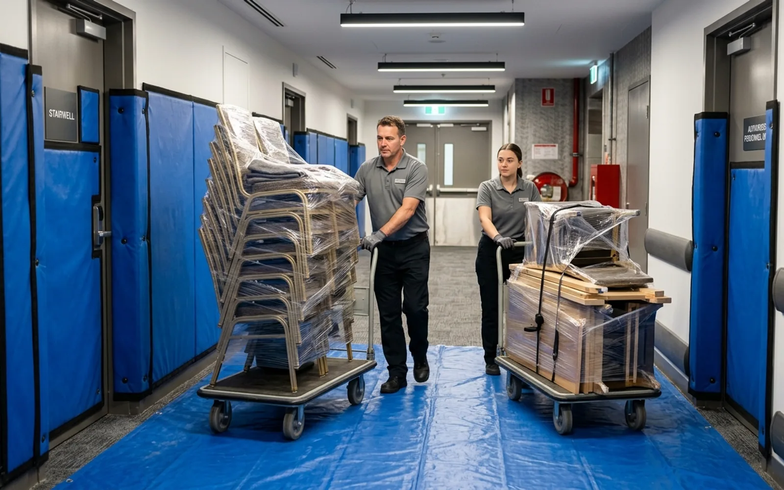 Commercial clearance team wheeling protected hotel furniture along a corridor lined with wall pads