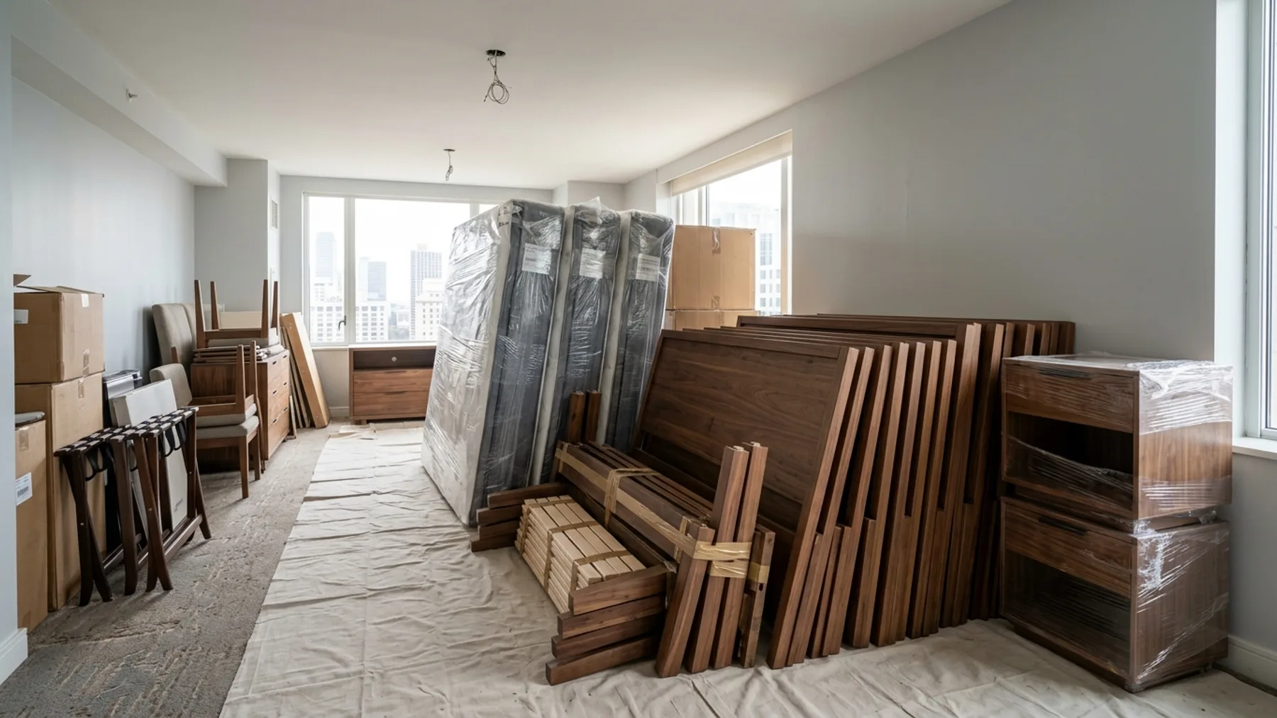Commercial hotel guestroom furniture stacked neatly for removal and recycling during renovation in Dubai