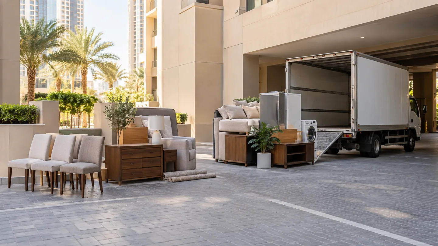 Three orderly household junk volume groups staged beside an unbranded truck at a Dubai loading bay