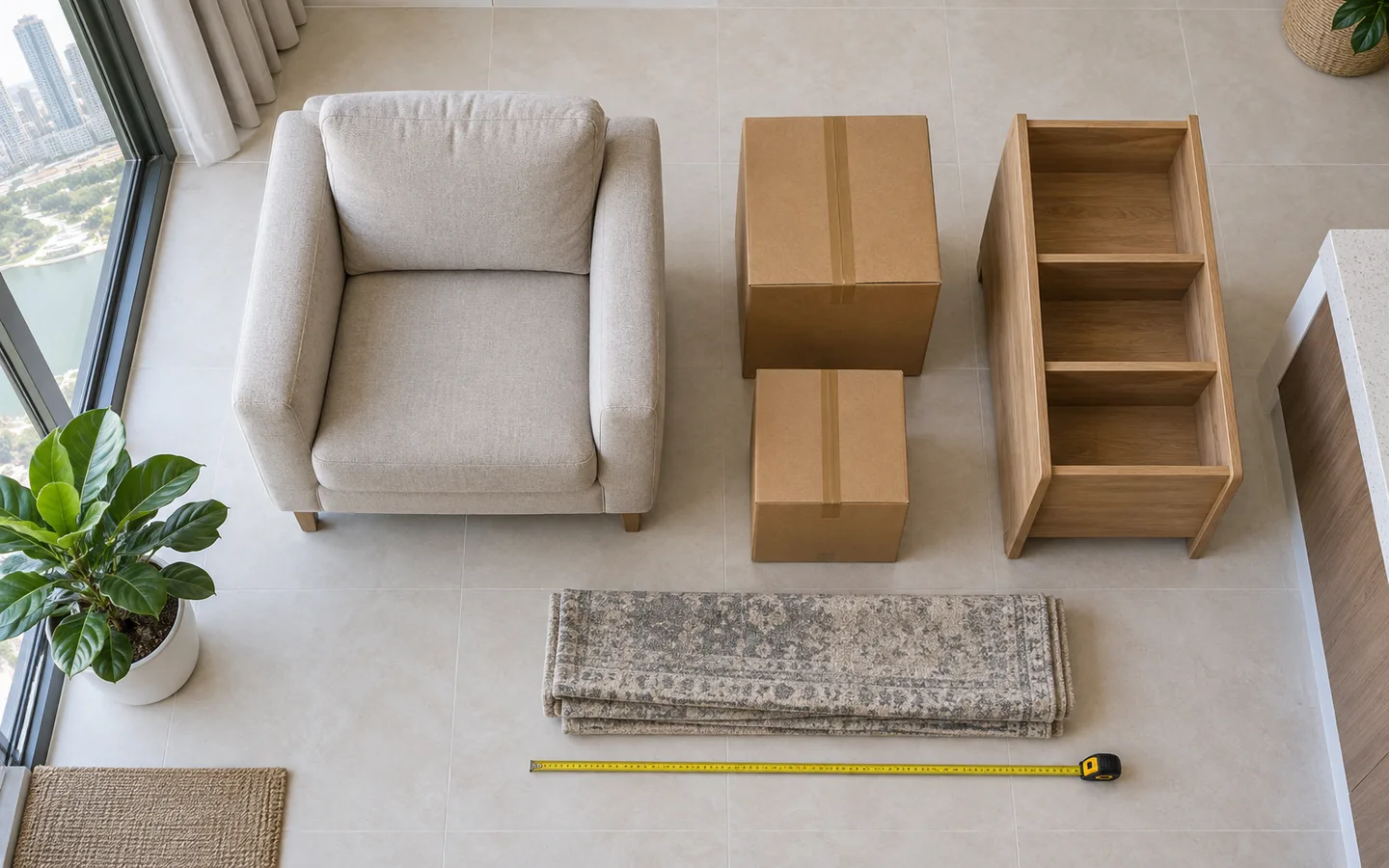 Armchair, two boxes, small shelf and folded rug arranged with clear spacing on a Dubai apartment floor