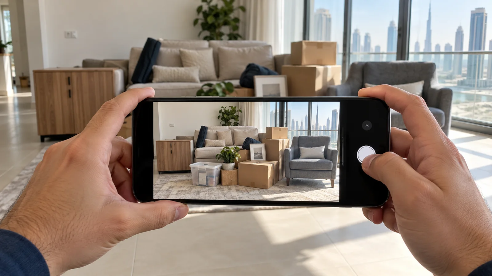 Resident photographing a complete furniture load with a phone inside a Dubai apartment