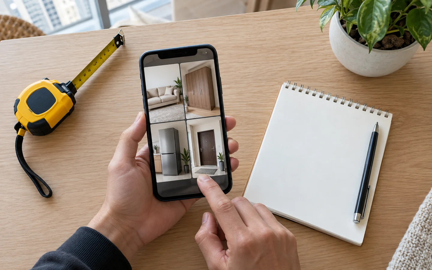 Phone showing separate photos of a sofa wardrobe refrigerator and apartment doorway beside a tape measure and blank notepad